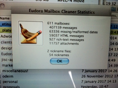 Results of the Eudora Mailbox cleaner getting ready for Thunderbird